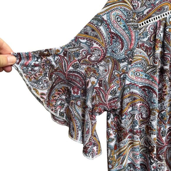 PerSeption Concept V Neck Paisley Tassel Boho Short Flutter Sleeve Flowy Blouse - Picture 6 of 8